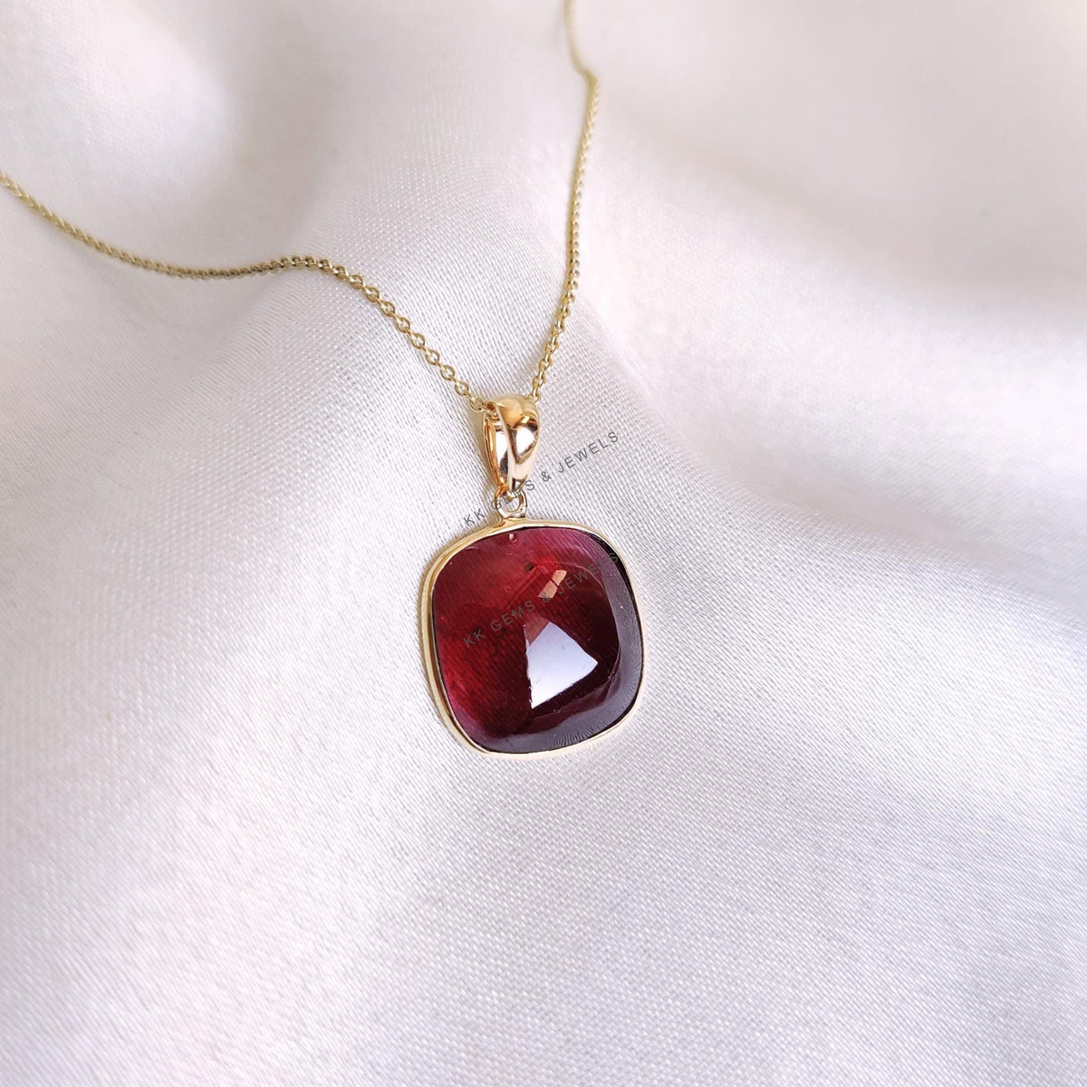 14K Solid Yellow Gold Cushion Natural Garnet Pendant, January Birthstone