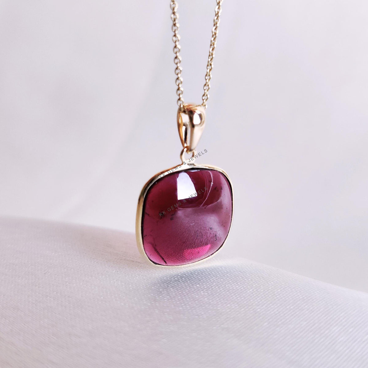 14K Solid Yellow Gold Cushion Natural Garnet Pendant, January Birthstone