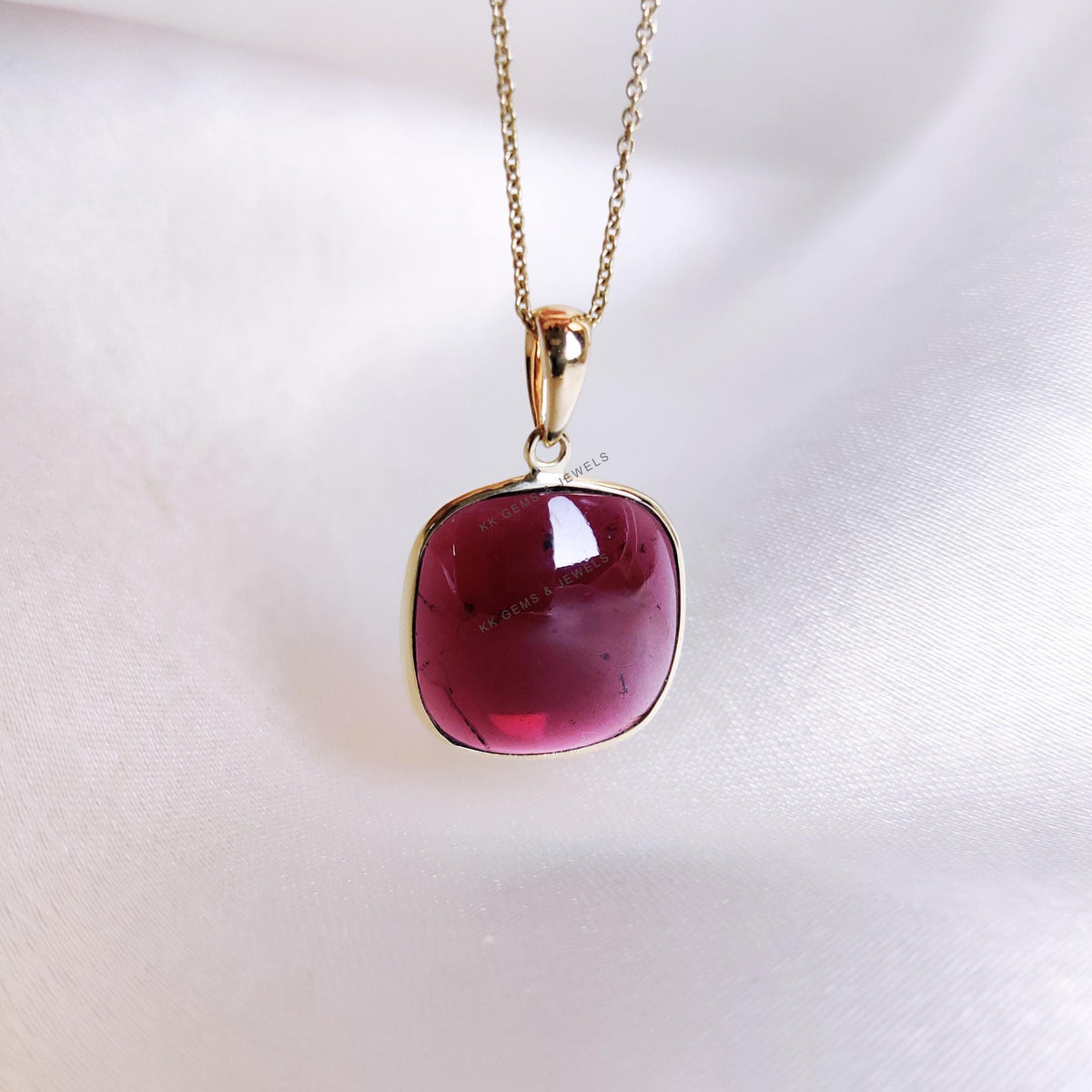 14K Solid Yellow Gold Cushion Natural Garnet Pendant, January Birthstone