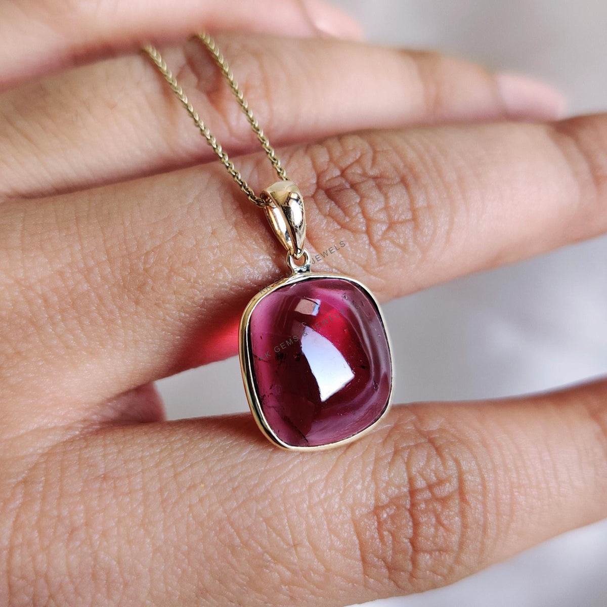 14K Solid Yellow Gold Cushion Natural Garnet Pendant, January Birthstone