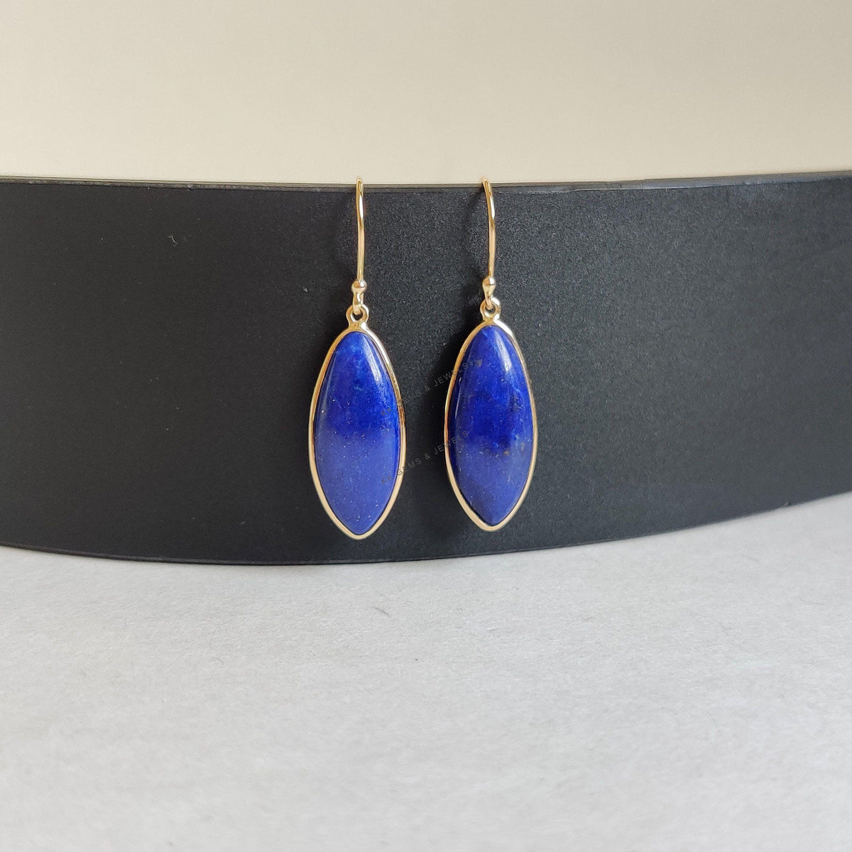 14K Solid Gold Natural Lapis Lazuli Earrings, Bezel Set Marquise Cabochon, September Birthstone