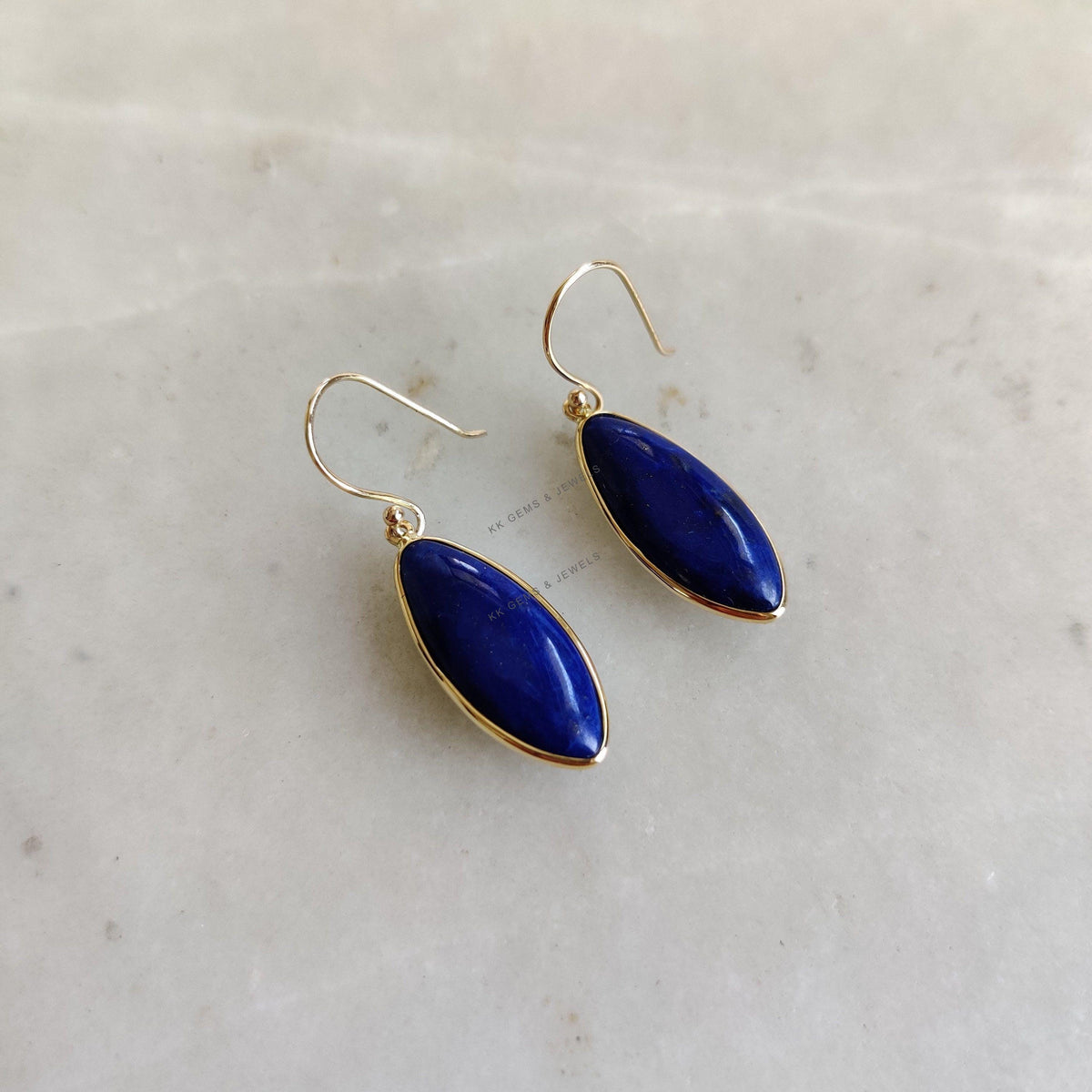 14K Solid Gold Natural Lapis Lazuli Earrings, Bezel Set Marquise Cabochon, September Birthstone
