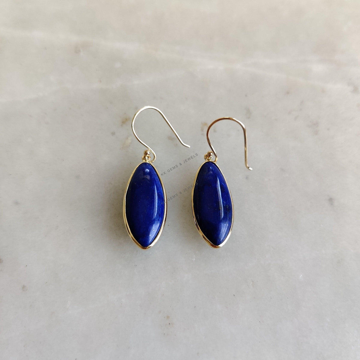 14K Solid Gold Natural Lapis Lazuli Earrings, Bezel Set Marquise Cabochon, September Birthstone