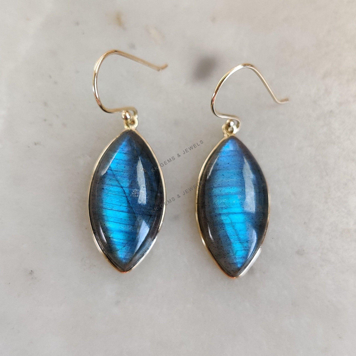 14K Solid Yellow Gold Natural Labradorite Bezel Drop Earrings, November Birthstone, Christmas Present