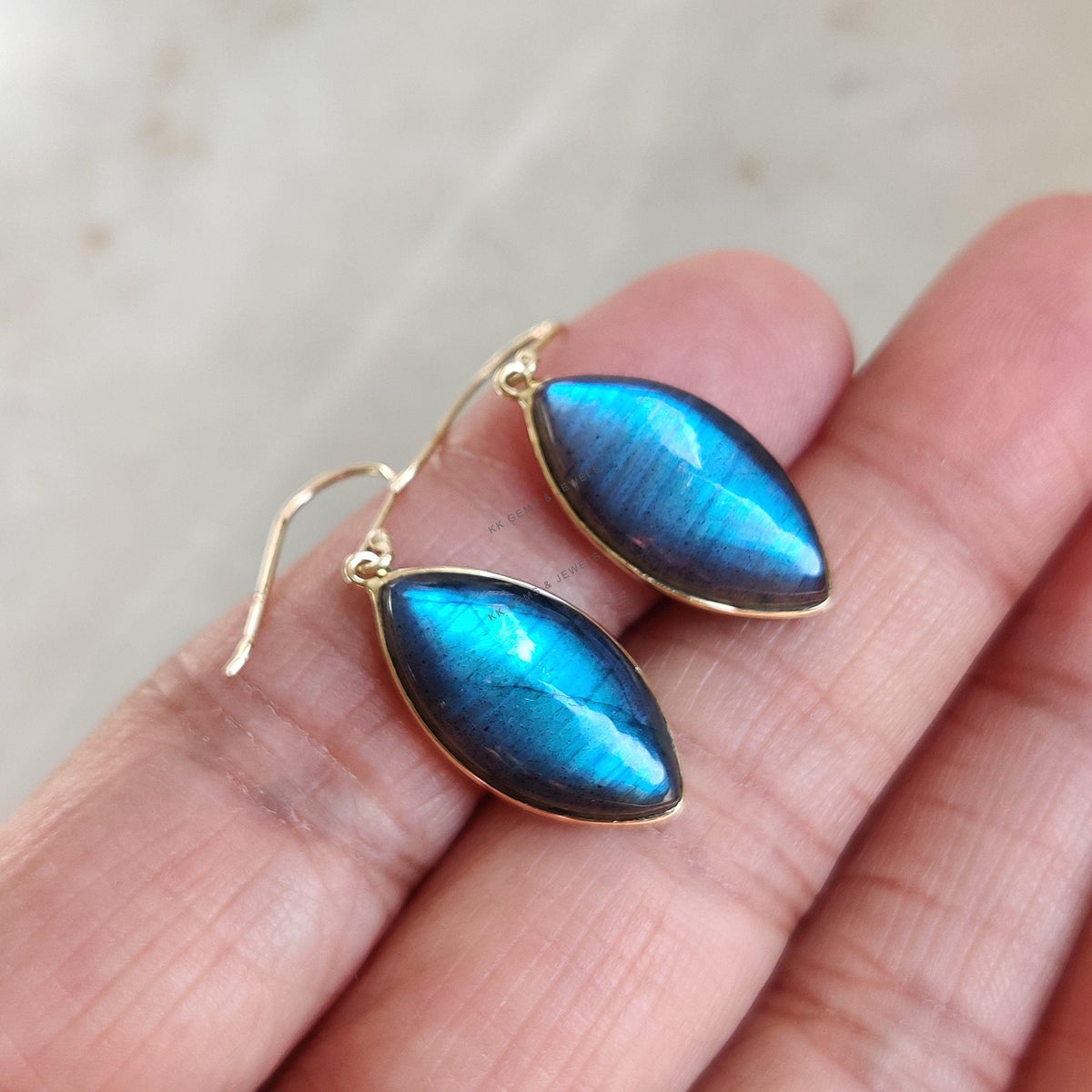 14K Solid Yellow Gold Natural Labradorite Bezel Drop Earrings, November Birthstone, Christmas Present