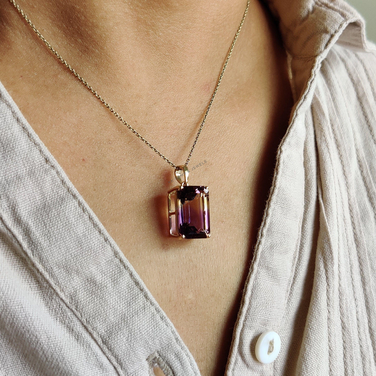 14K Solid Gold Natural Ametrine Pendant, Octagon Gemstone, February November Birthstone