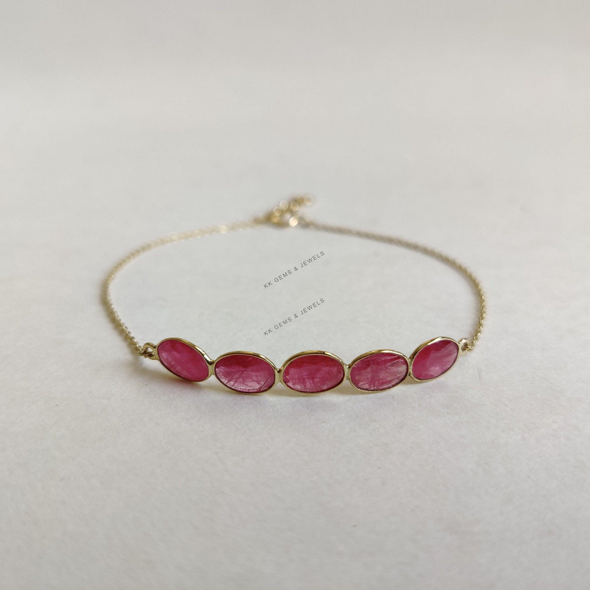 14K Solid Yellow Gold Natural Ruby Chain Bracelet, July Birthstone