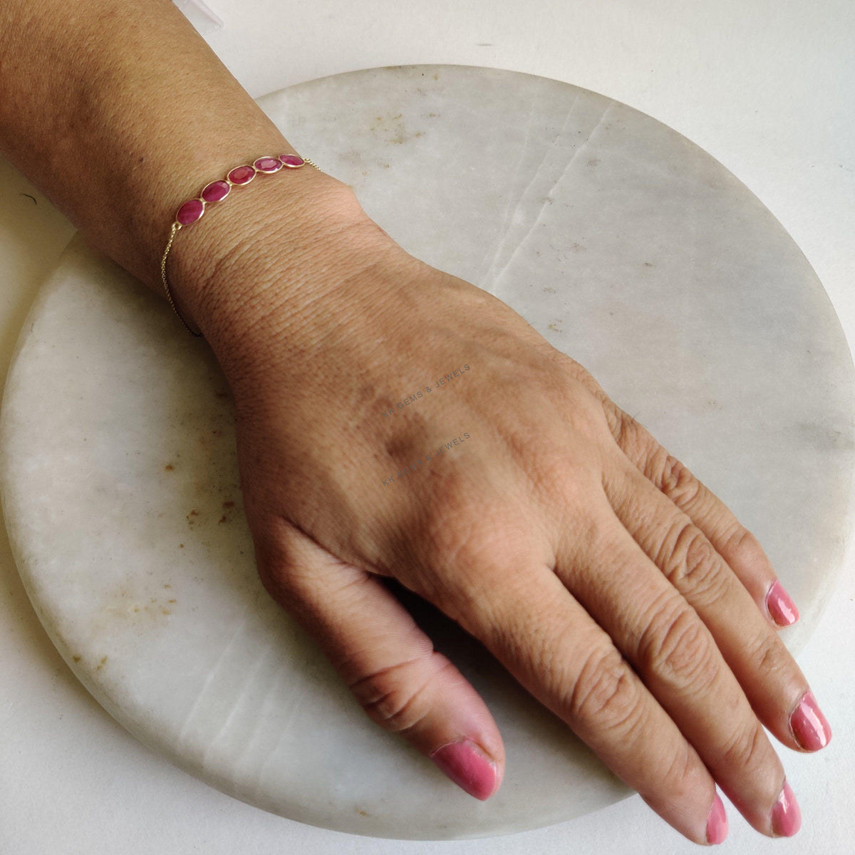 14K Solid Yellow Gold Natural Ruby Chain Bracelet, July Birthstone