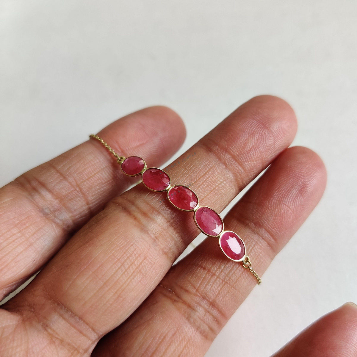 14K Solid Yellow Gold Natural Ruby Chain Bracelet, July Birthstone