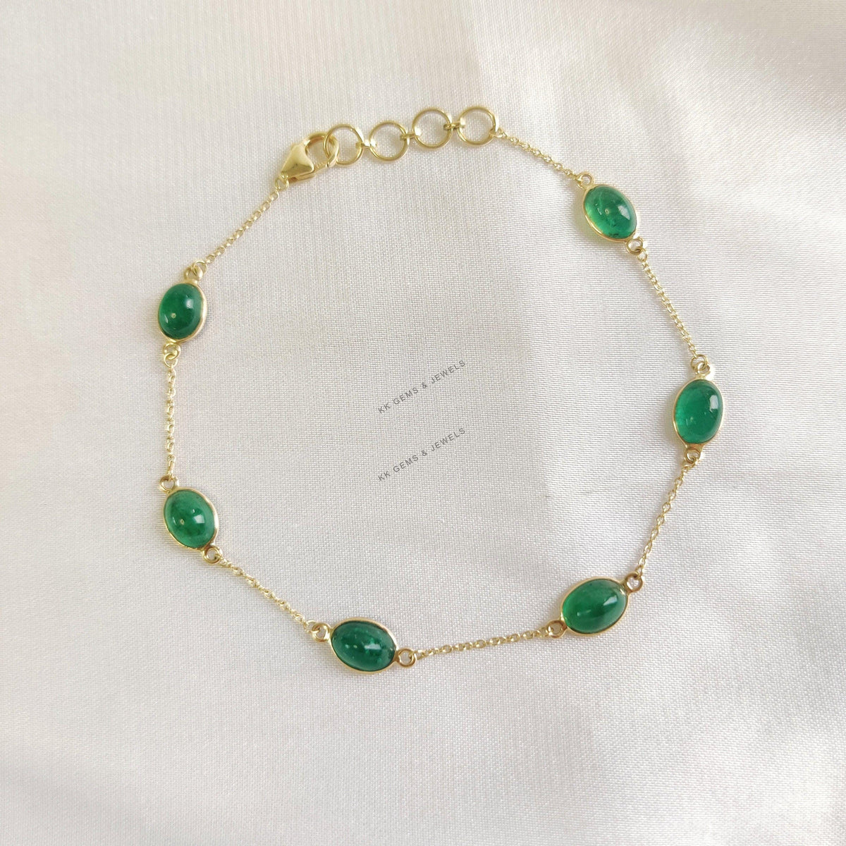 Natural Emerald 14K Solid Yellow Gold Chain Bracelet, May Birthstone