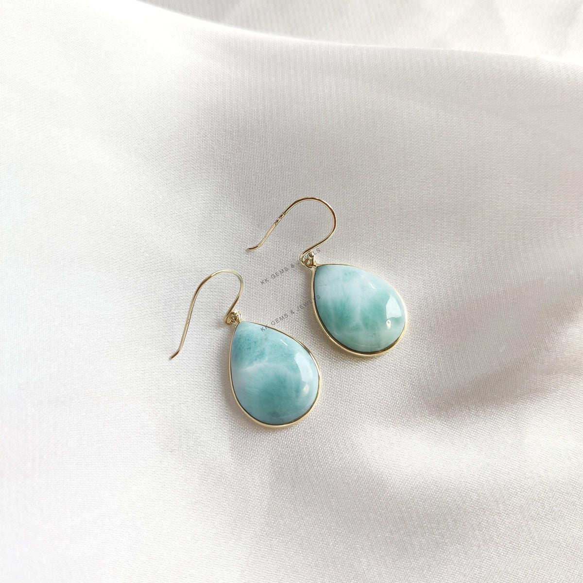 Natural Larimar Drop Earrings, 14K Solid Yellow Gold, Bezel Set