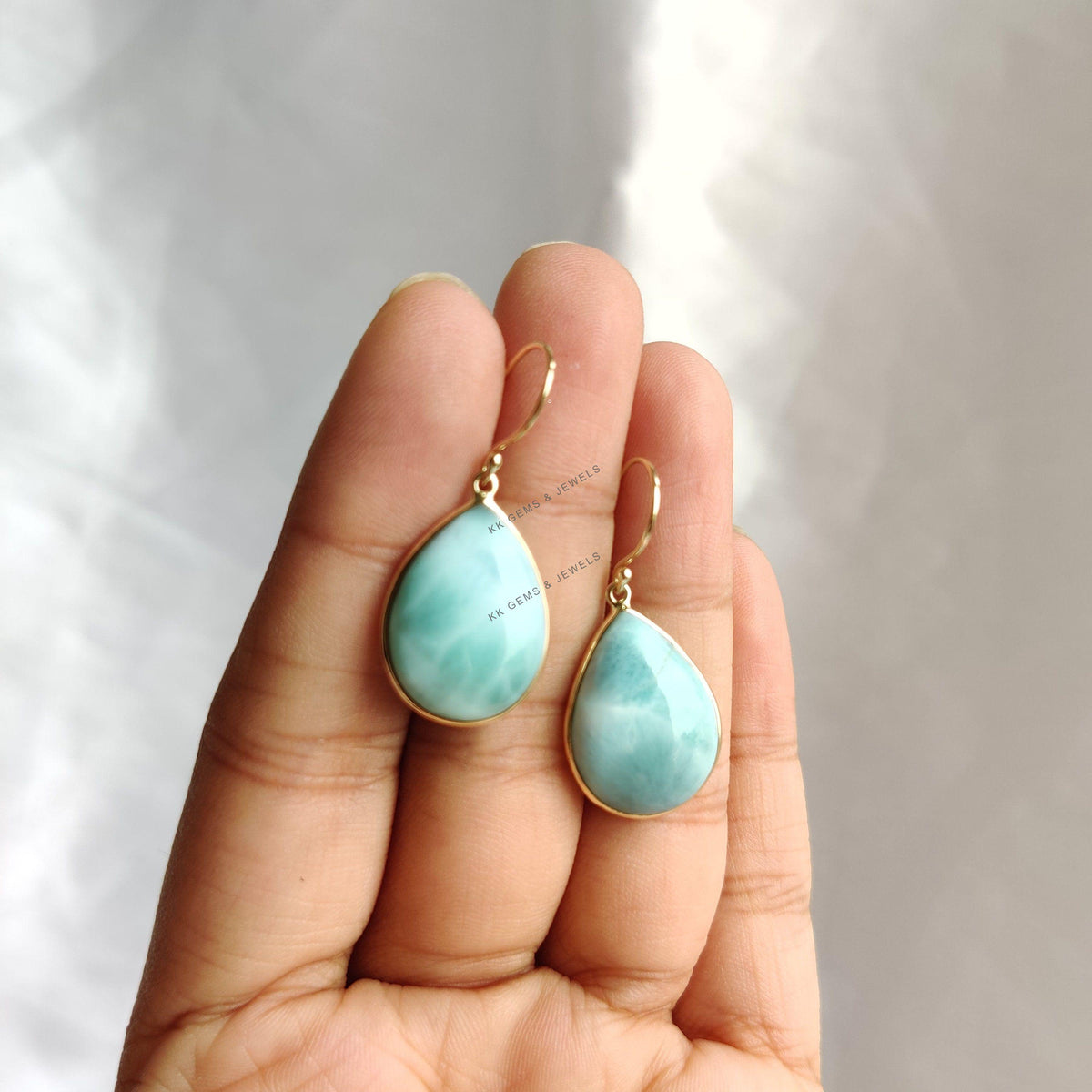 Natural Larimar Drop Earrings, 14K Solid Yellow Gold, Bezel Set