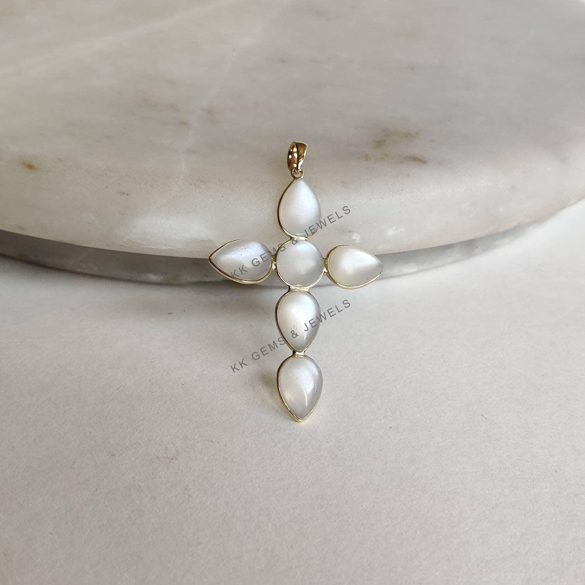 14K Solid Gold Natural White Moonstone Cross Pendant, June Birthstone