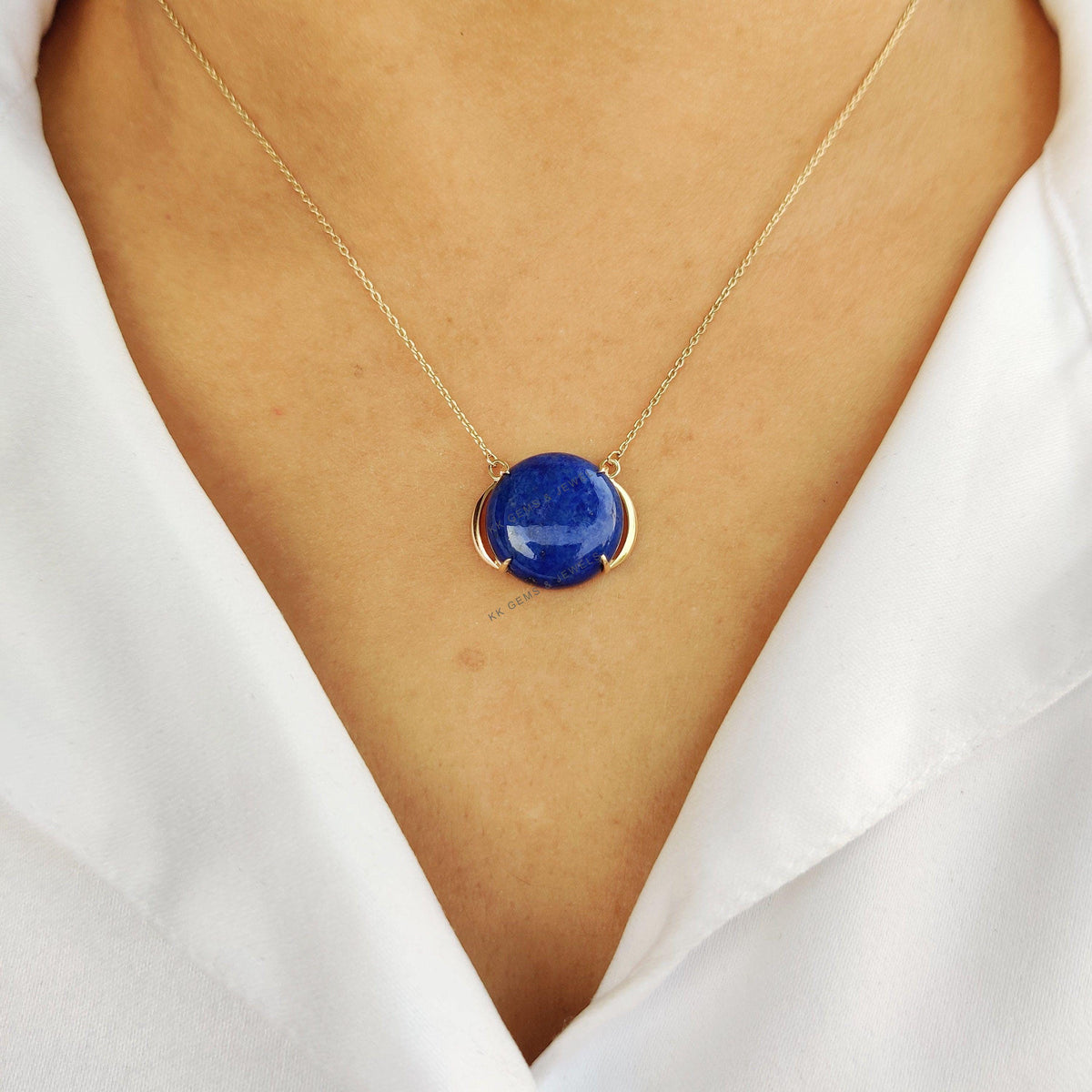 14K Solid Gold Natural Lapis Lazuli Pendant Necklace, September Birthstone