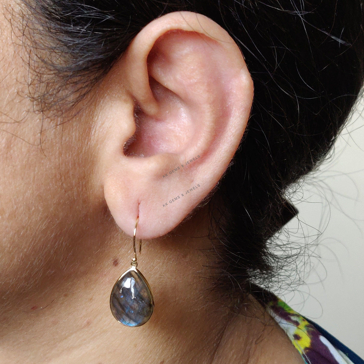 Natural Labradorite Earrings, 14K Solid Yellow Gold Bezel, August Birthstone