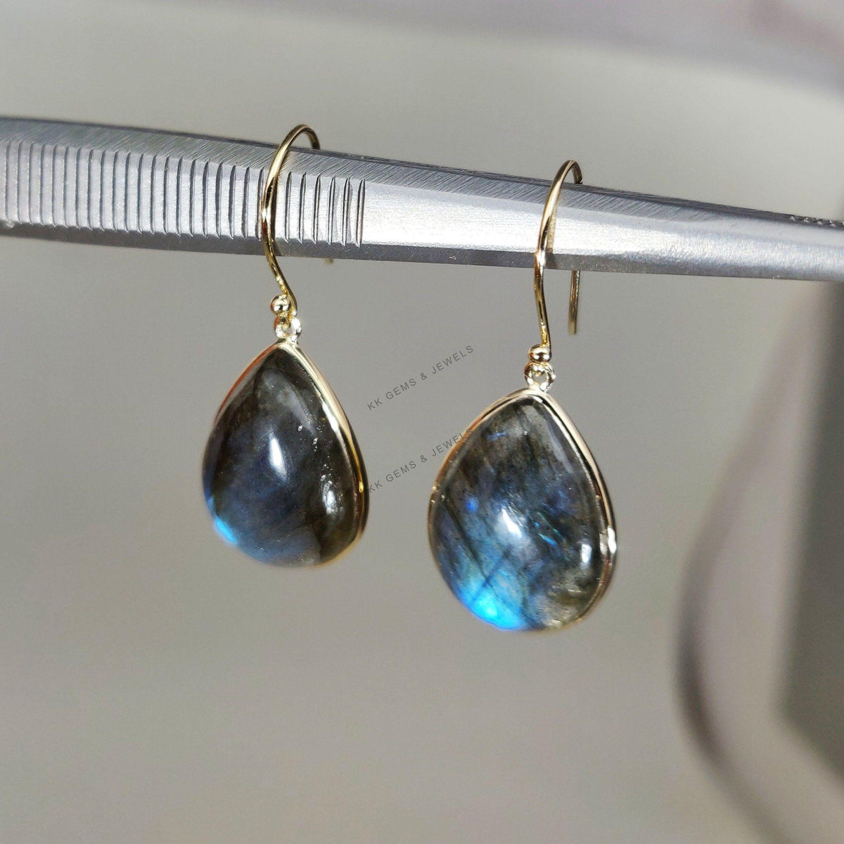 Natural Labradorite Earrings, 14K Solid Yellow Gold Bezel, August Birthstone