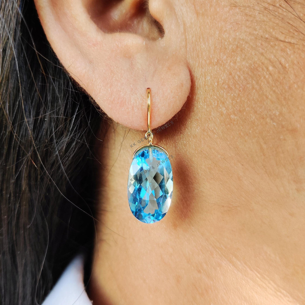 14K Solid Yellow Gold Natural Swiss Blue Topaz Earrings, Oval December Birthstone