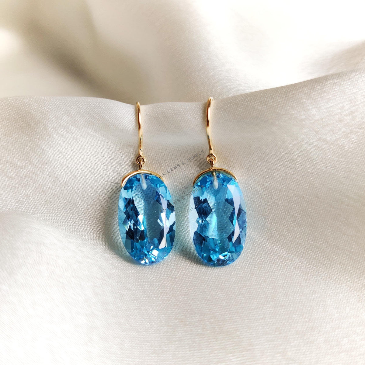 14K Solid Yellow Gold Natural Swiss Blue Topaz Earrings, Oval December Birthstone
