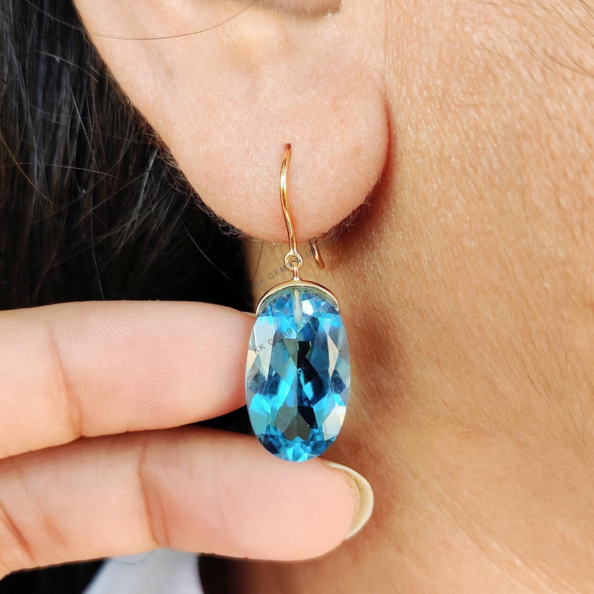 14K Solid Yellow Gold Natural Swiss Blue Topaz Earrings, Oval December Birthstone