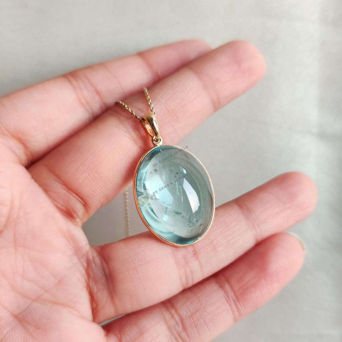 Natural Aquamarine 14K Solid Yellow Gold Bezel Pendant, March Birthstone