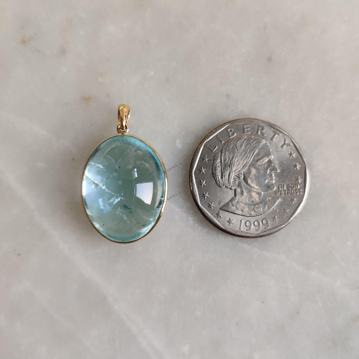 Natural Aquamarine 14K Solid Yellow Gold Bezel Pendant, March Birthstone