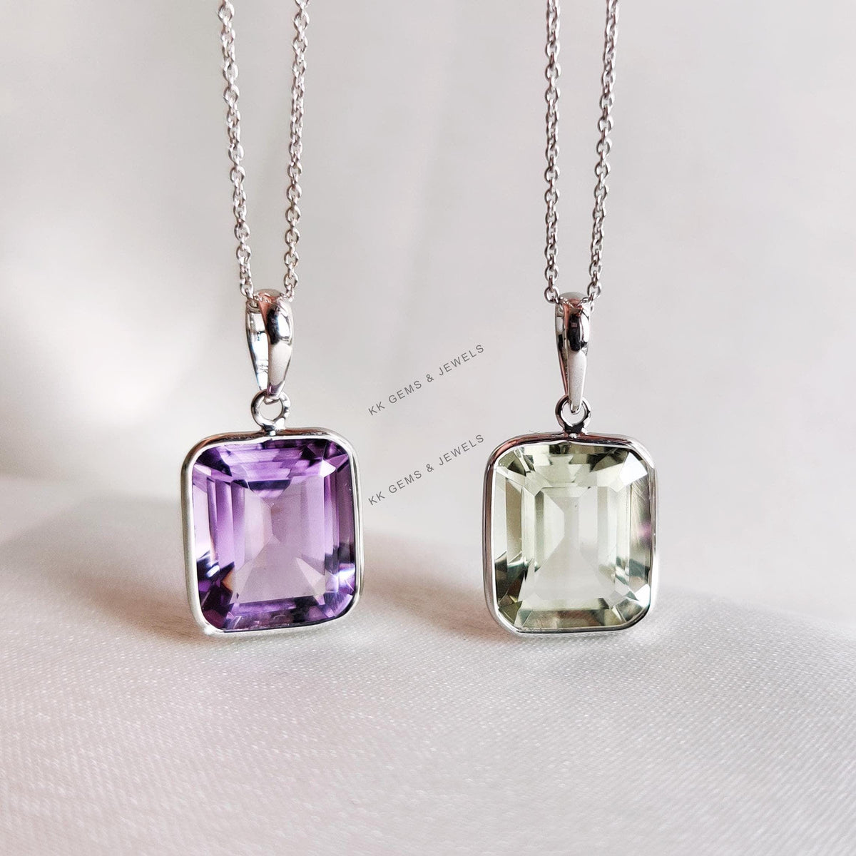 Natural Purple & Green Amethyst Pendant, 14K Solid White Gold, February Birthstone