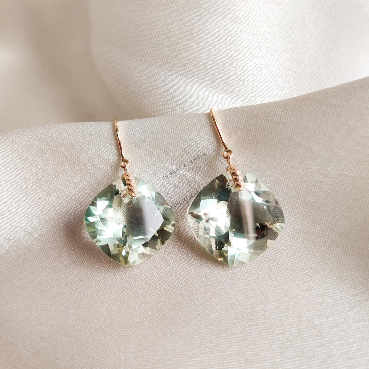 Natural Green Amethyst Drill Earrings, 14K Solid Yellow Gold, February Birthstone