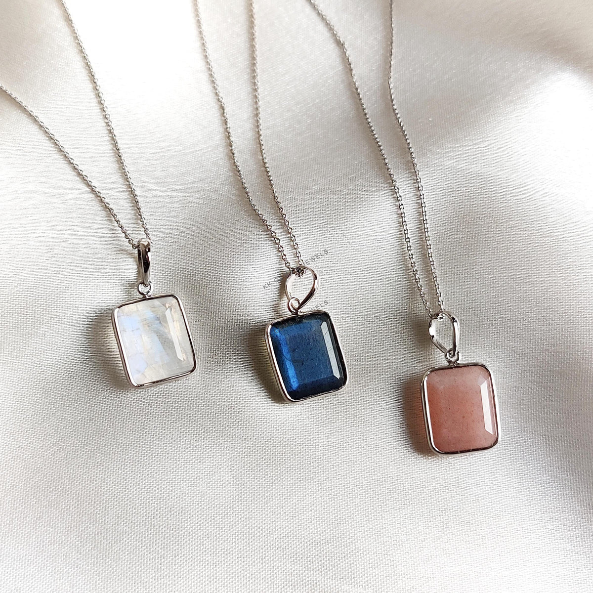 14K Solid White Gold Natural Rainbow Moonstone & Labradorite Peach Moonstone Bezel Pendant