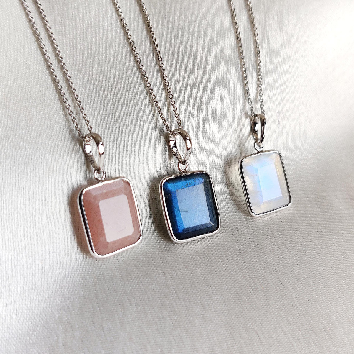 14K Solid White Gold Natural Rainbow Moonstone & Labradorite Peach Moonstone Bezel Pendant
