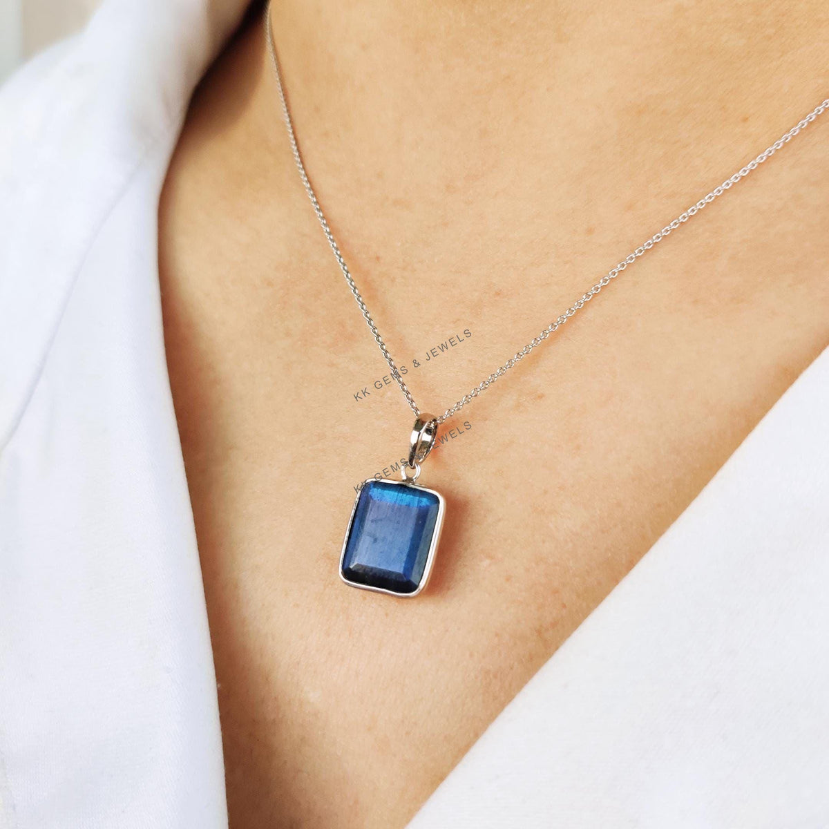14K Solid White Gold Natural Rainbow Moonstone & Labradorite Peach Moonstone Bezel Pendant