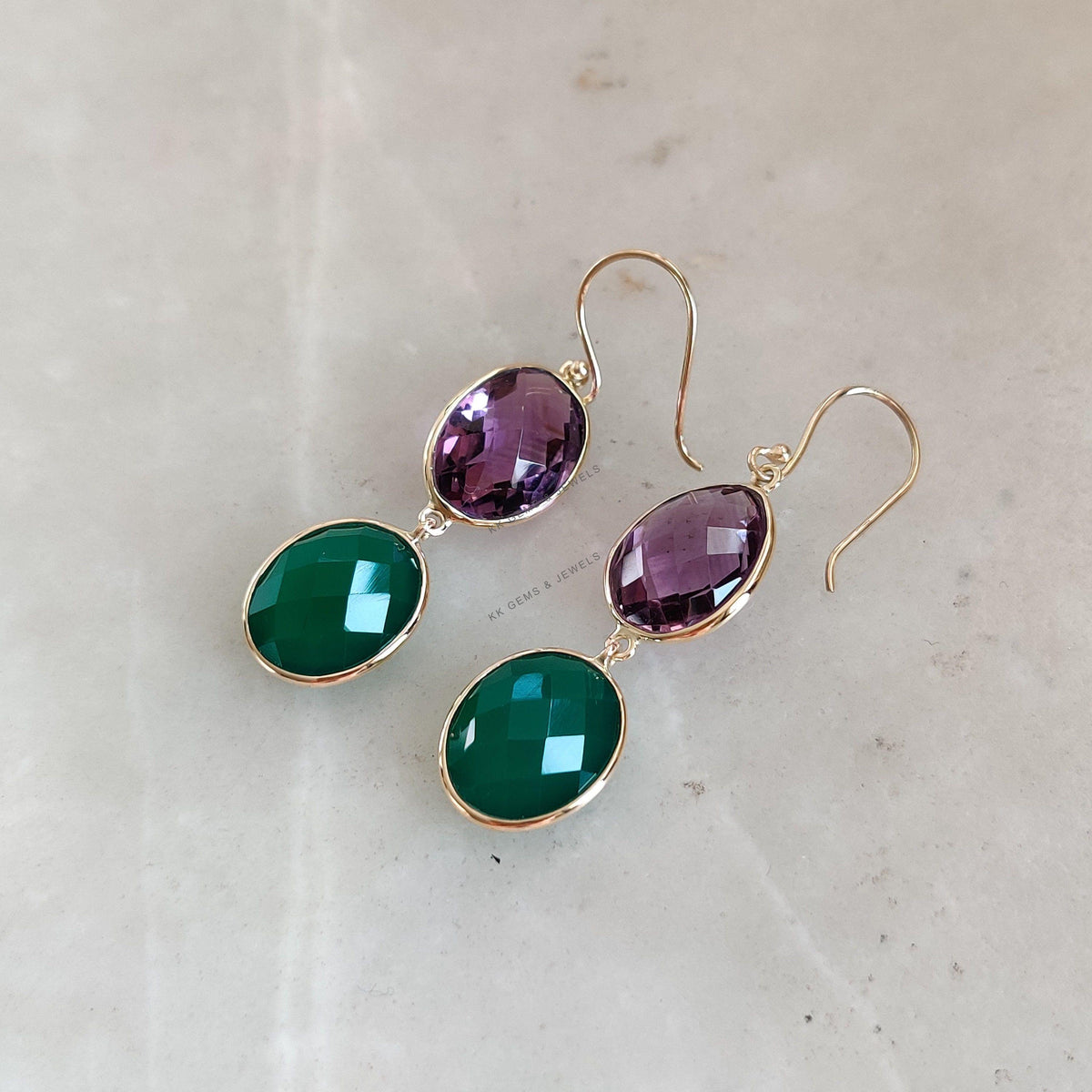 Natural Purple Amethyst & Green Onyx 14K Solid Yellow Gold Earrings: February Birthstone