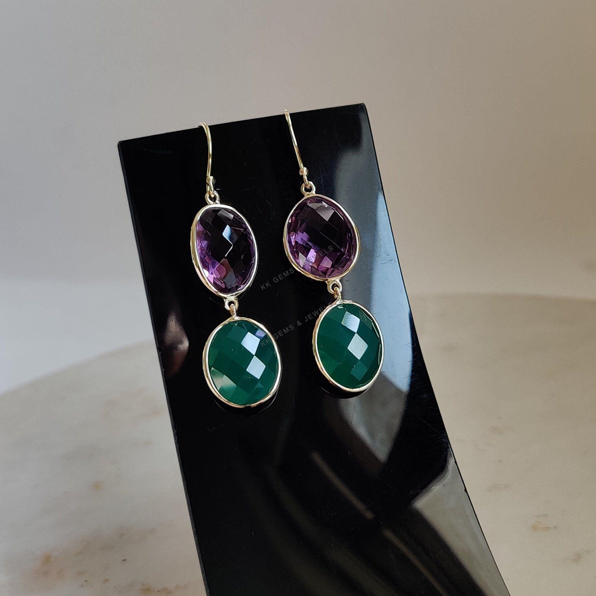 Natural Purple Amethyst & Green Onyx 14K Solid Yellow Gold Earrings: February Birthstone