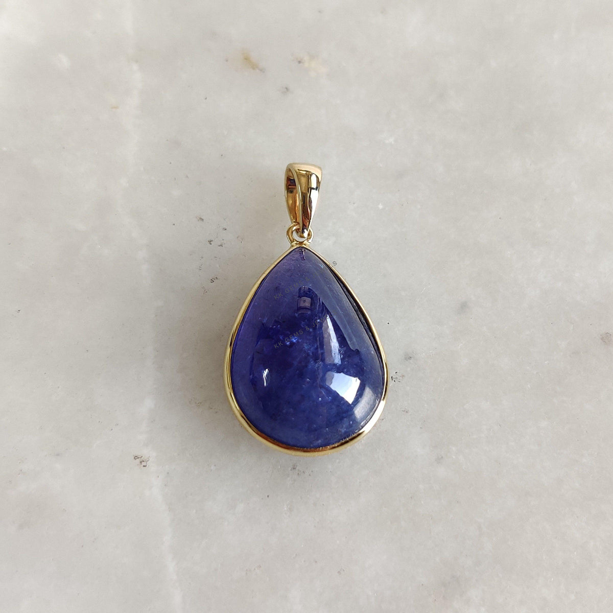 14K Solid Gold Natural Tanzanite Pendant: Pear Cabochon Bezel, December Birthstone