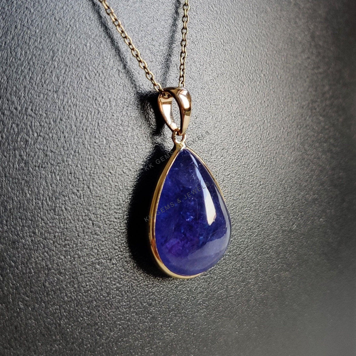 14K Solid Gold Natural Tanzanite Pendant: Pear Cabochon Bezel, December Birthstone