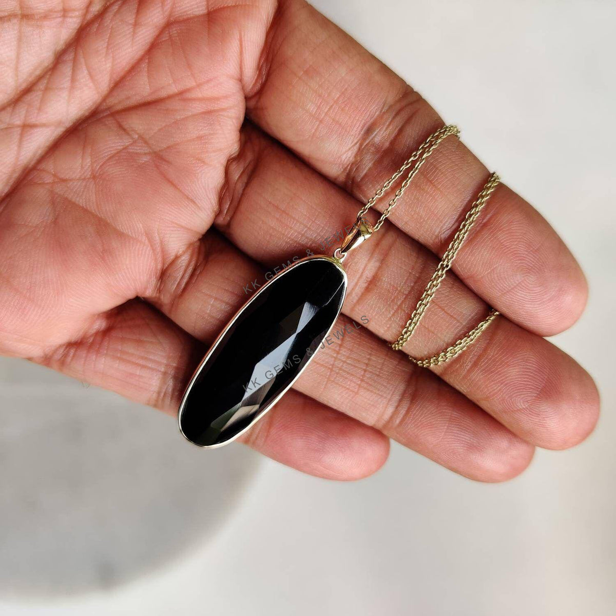 Natural Black Onyx Oblong Pendant, 14K Solid Yellow Gold Pendant, December Birthstone, Christmas Present
