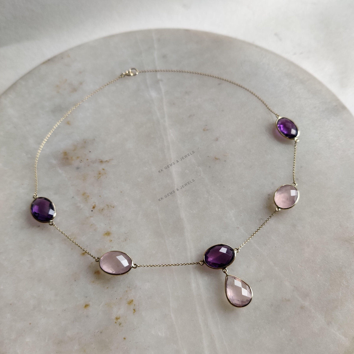 Natural Purple Amethyst & Rose Quartz 14K Solid Gold Necklace: Gemstone Bezel Pendant
