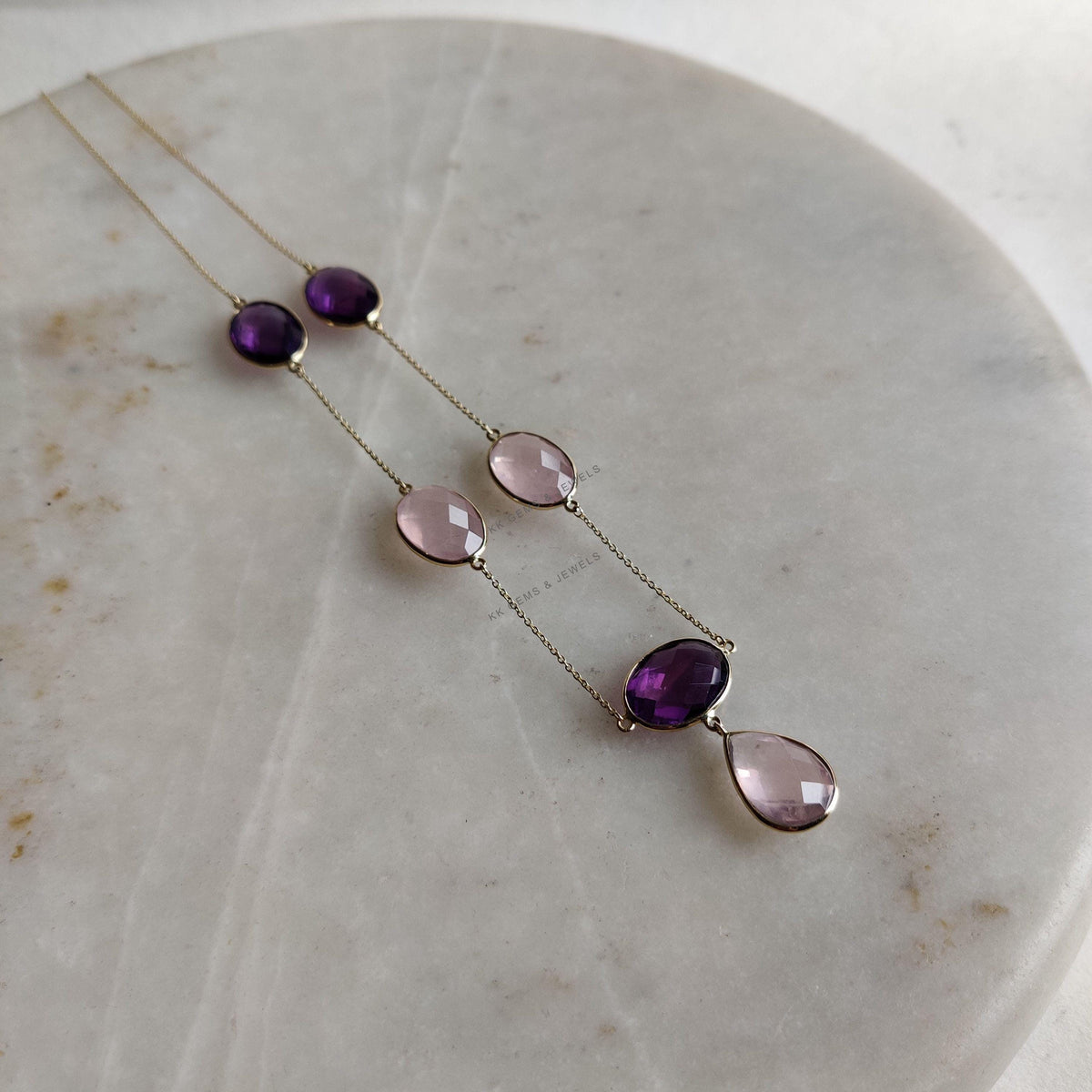 Natural Purple Amethyst & Rose Quartz 14K Solid Gold Necklace: Gemstone Bezel Pendant