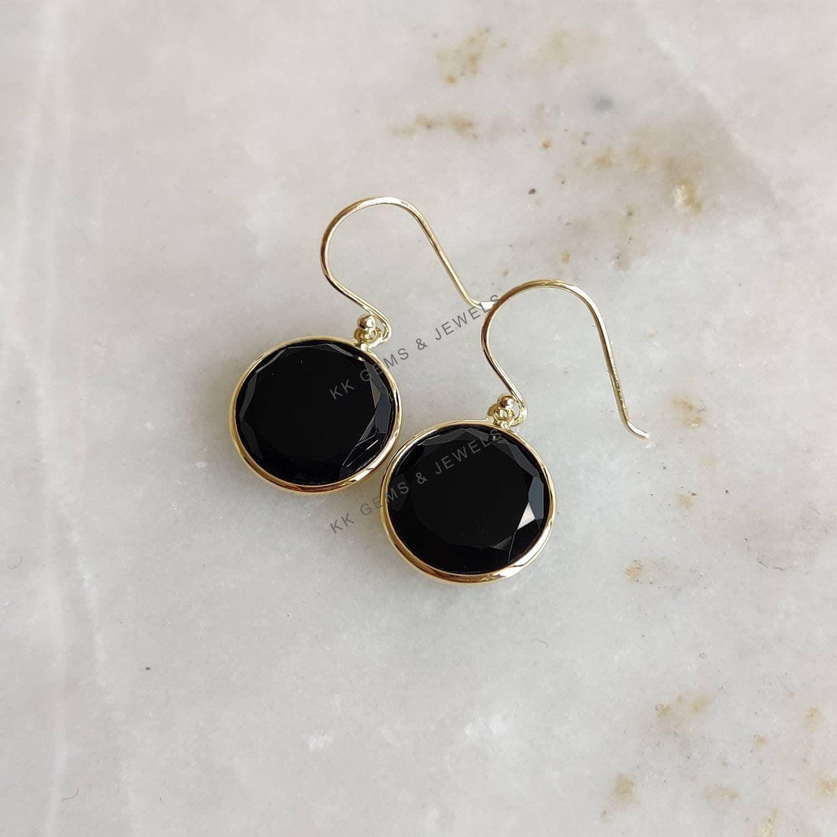 14K Solid Yellow Gold Natural Black Onyx Bezel Drop Earrings