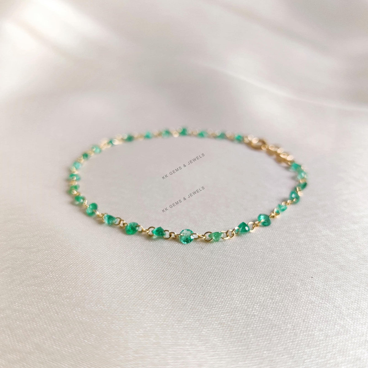 14K Solid Gold Natural Emerald Bracelet, May Birthstone Jewelry