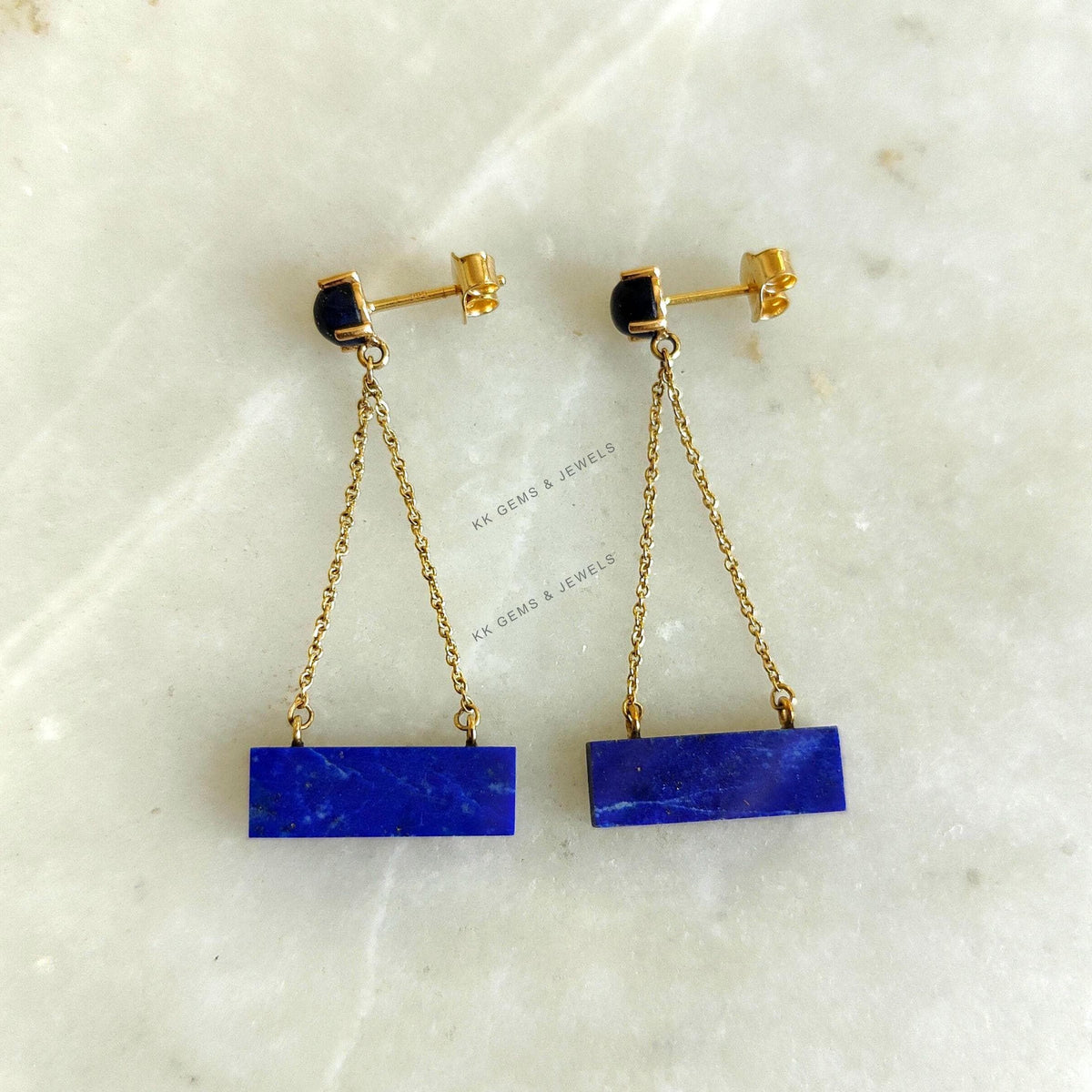 14K Solid Yellow Gold Natural Lapis Lazuli Dangle Earrings, September Birthstone