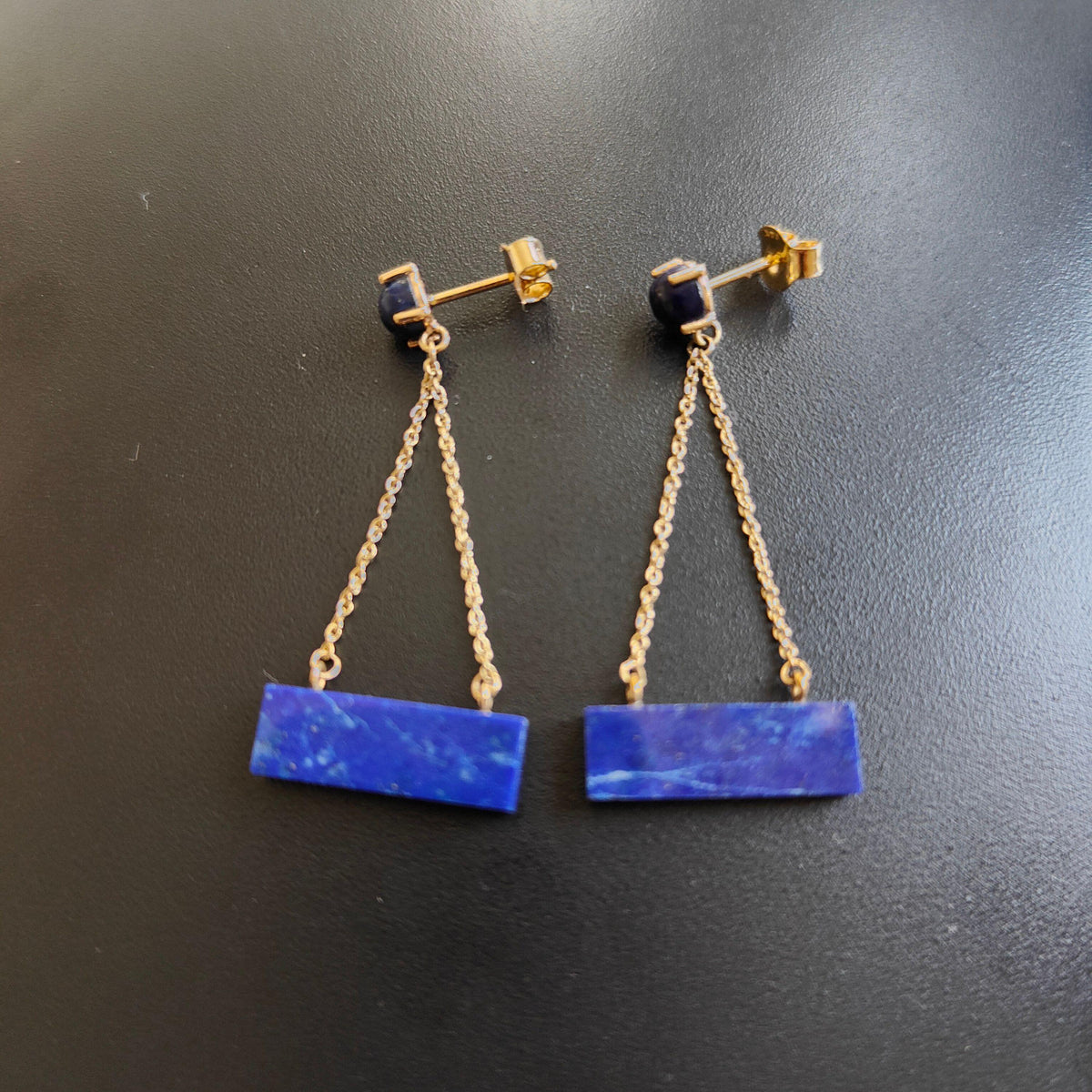 14K Solid Yellow Gold Natural Lapis Lazuli Dangle Earrings, September Birthstone