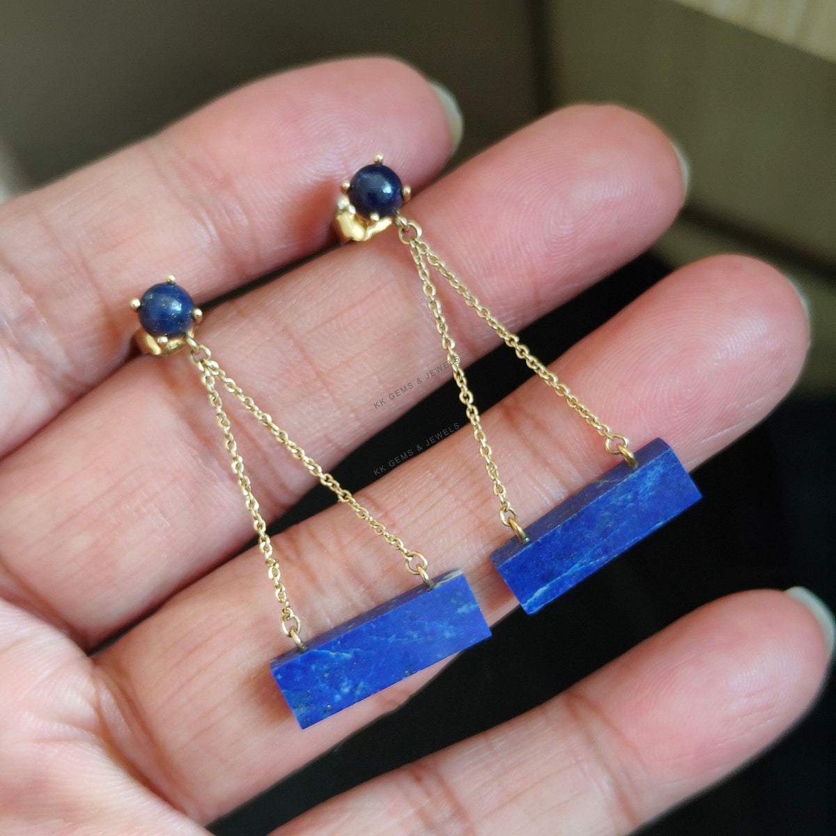 14K Solid Yellow Gold Natural Lapis Lazuli Dangle Earrings, September Birthstone