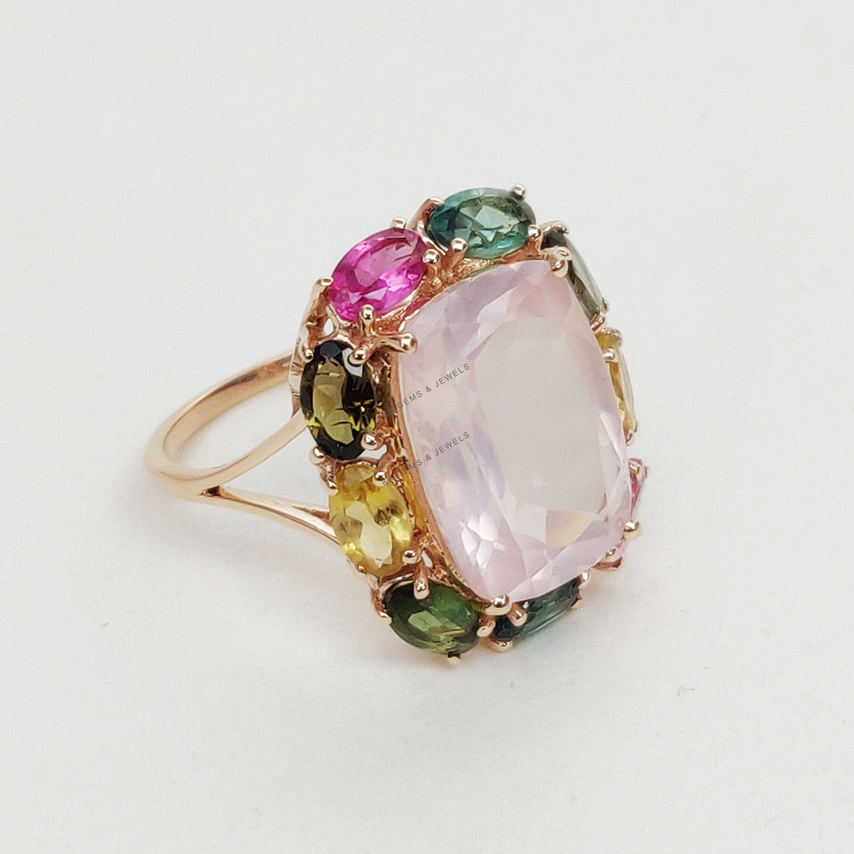 14K Solid Gold Natural Rose Quartz & Multi Tourmaline Cocktail Ring, January Birthstone