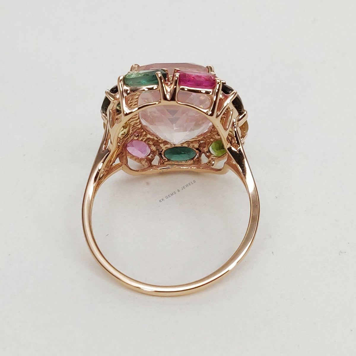 14K Solid Gold Natural Rose Quartz & Multi Tourmaline Cocktail Ring, January Birthstone