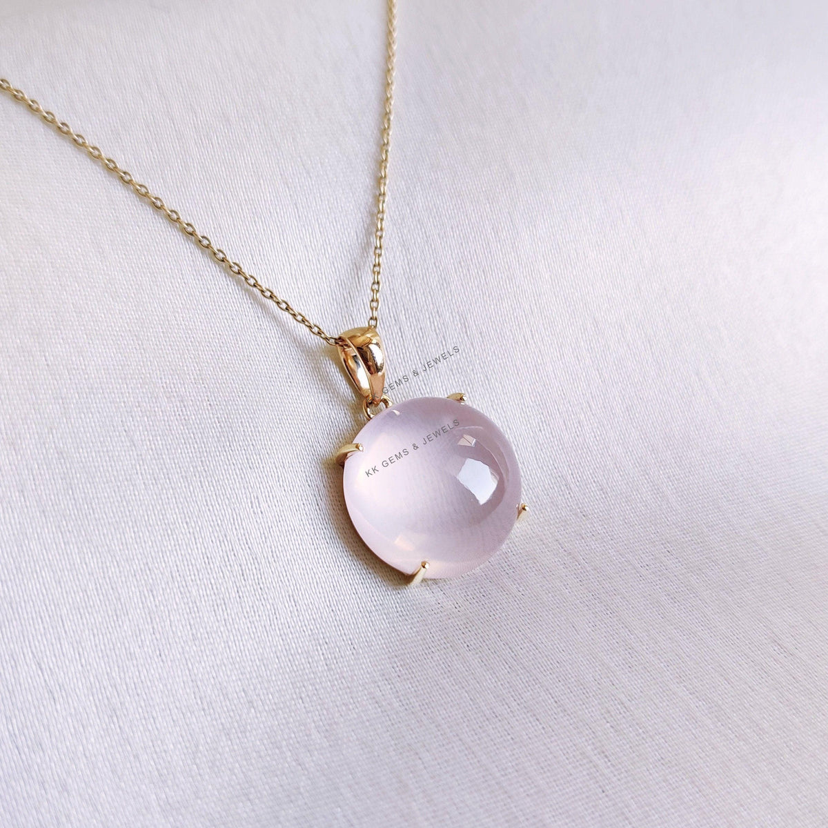 14K Solid Gold Natural Rose Quartz Pendant, Round Cabochon, January Birthstone