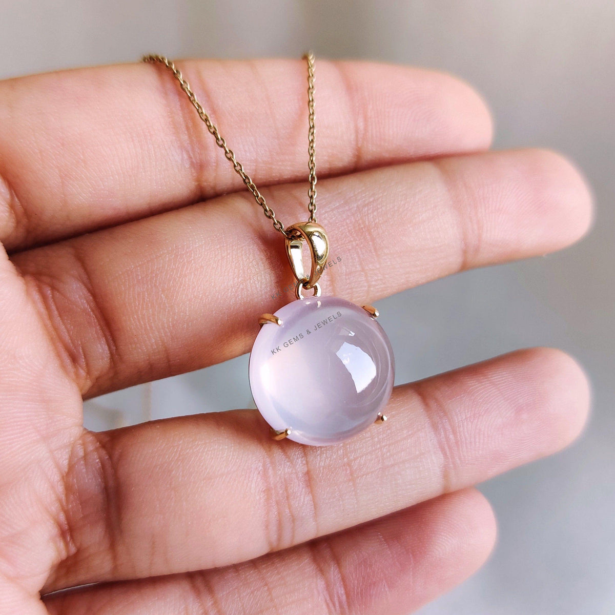 14K Solid Gold Natural Rose Quartz Pendant, Round Cabochon, January Birthstone