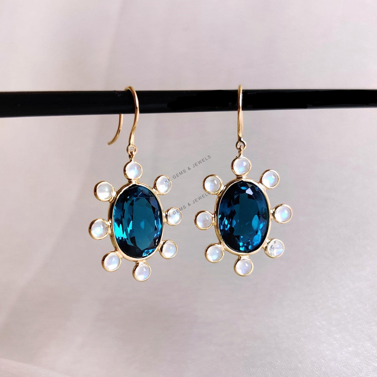 Natural London Blue Topaz & Rainbow Moonstone 14K Solid Yellow Gold Earrings