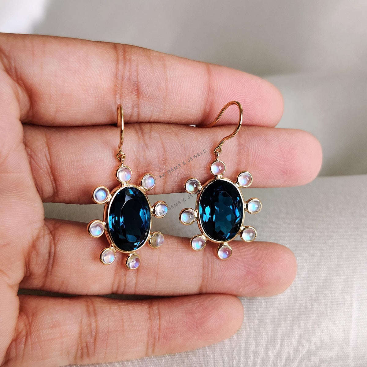 Natural London Blue Topaz & Rainbow Moonstone 14K Solid Yellow Gold Earrings