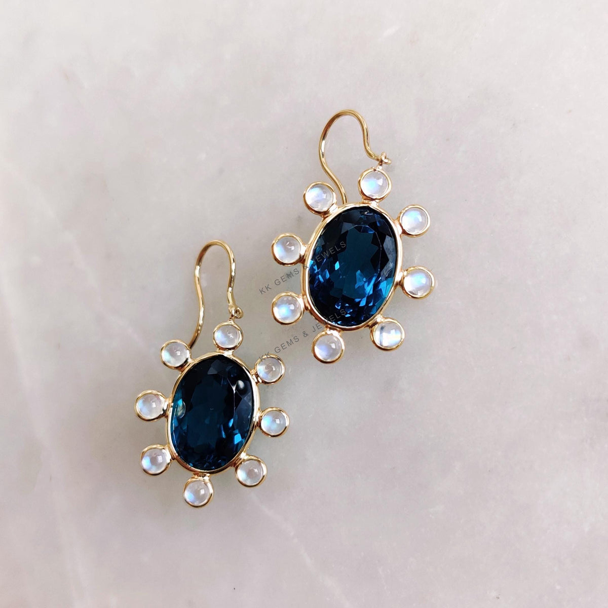 Natural London Blue Topaz & Rainbow Moonstone 14K Solid Yellow Gold Earrings