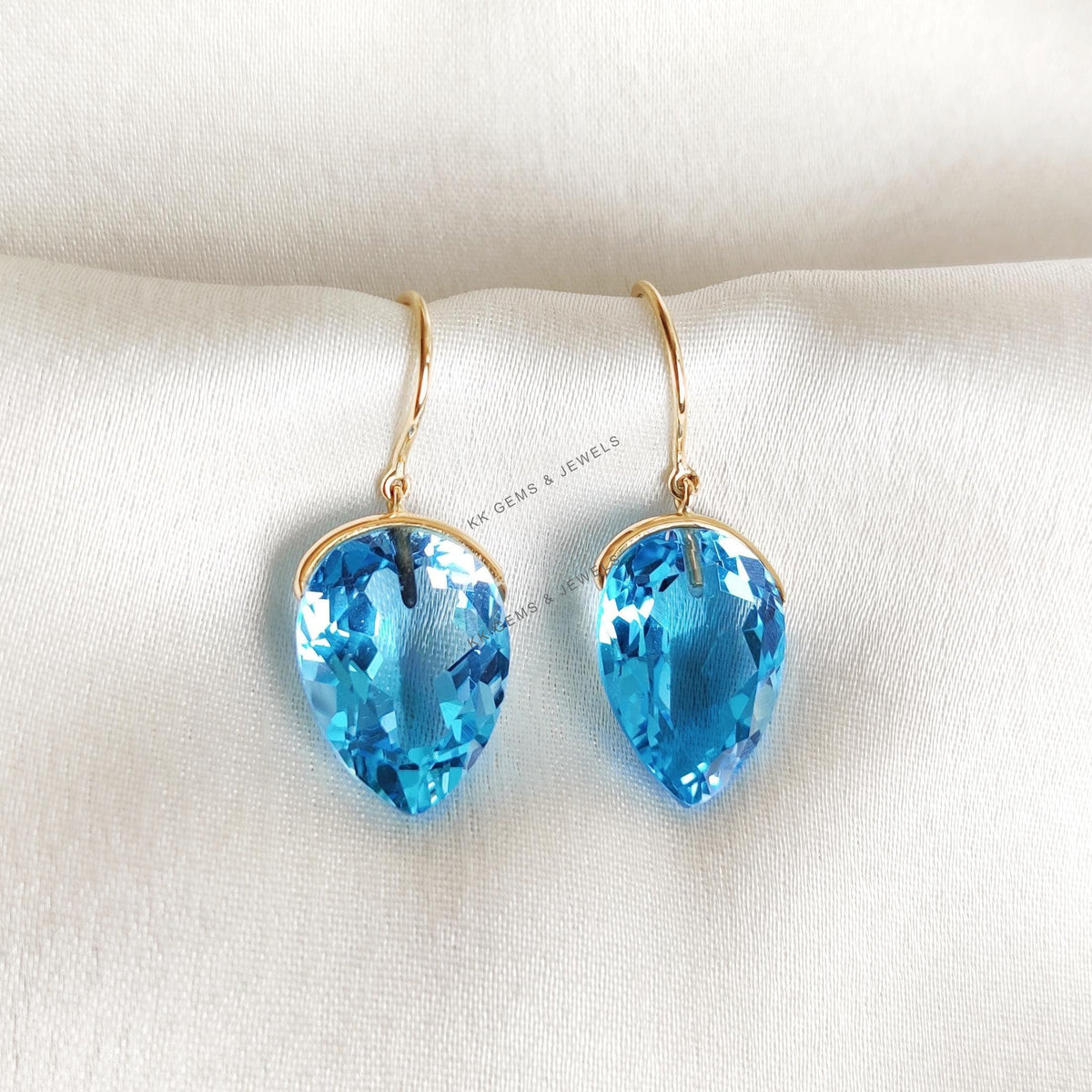 14K Solid Gold Natural Swiss Blue Topaz Earrings, Pear Cut Gemstone